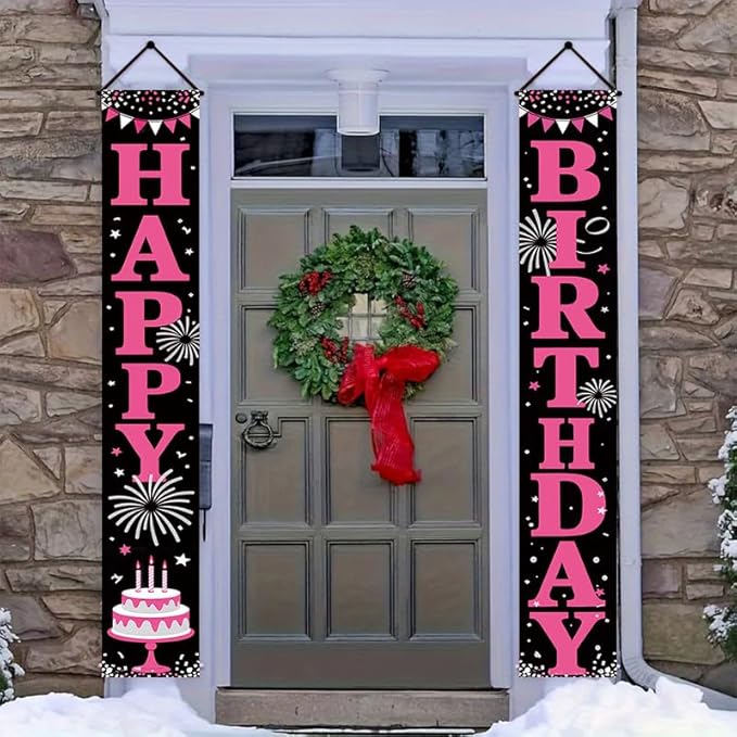 12x71 inch Birthday Party Porch Banner Durable pink and black fireworks cake design, suitable for indoor and outdoor hanging decorations for birthdays, anniversaries, or graduation ceremonies. Made of weather resistant polyester material, it is easy to...
