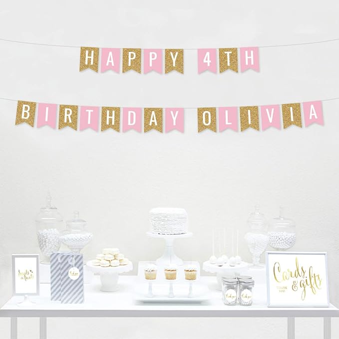 Andaz Press Personalized Hanging Pennant Banner Party Decorations, Gold Glitter, Blush Pink, Happy 4th Birthday Olivia, 1-Pack, Approx. 5-Feet, Custom Name and Number