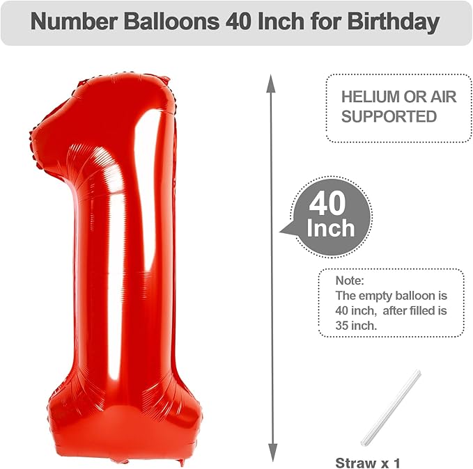 Number One Balloon 40 Inch, Red Balloons for Birthday Party Decoration, Foil Number 1 Ballon for 1, 10, 11, 13, 19, 21, 100 Celebration, Boy and Girl Birthday, Baby Shower, Anniversary Decor