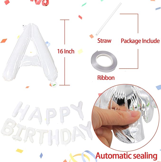 KALOR White Happy Birthday Balloons Banner, 16 Inch Mylar Foil Letters Balloon Sign for Birthday Party Decorations Photo Booth Backdrop