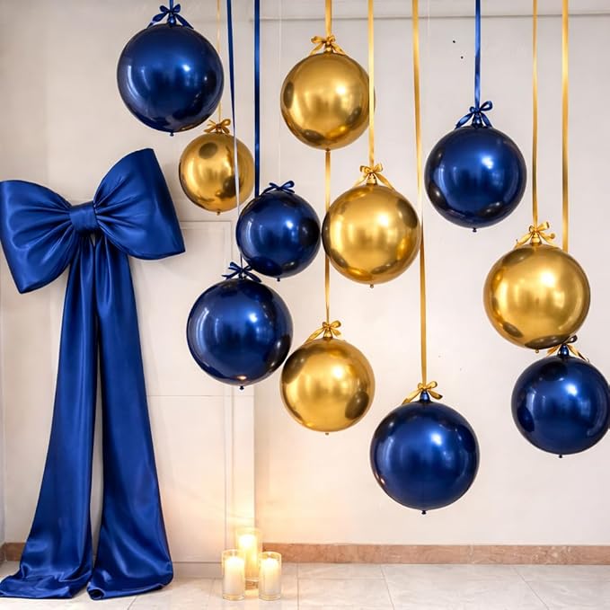 Togvu Navy Gold Round Foil Balloons, 16PCS Different Sizes 4D Metallic Balloon Large Sphere Mirror Ball Balloons for Prom Graduation New Year Men Birthday Party Ceiling Decorations Supplies