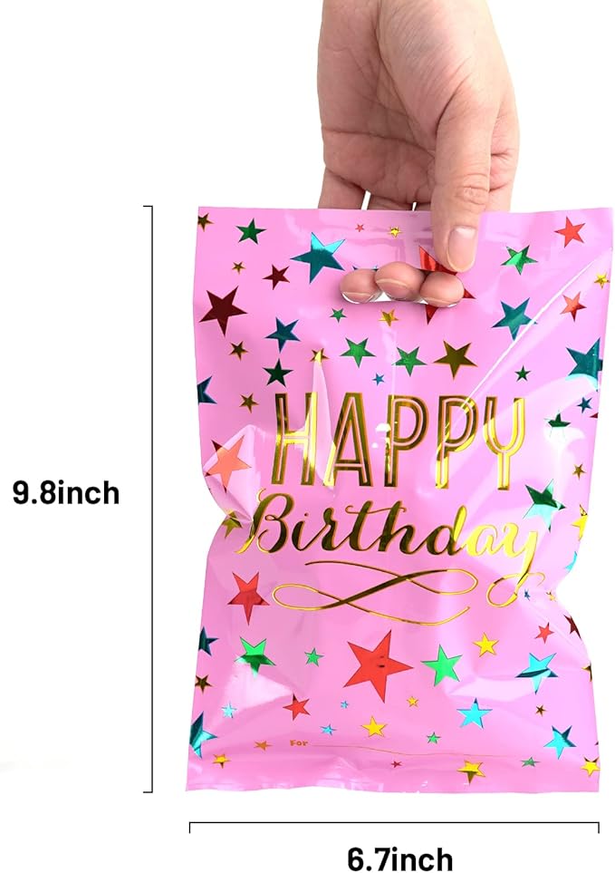 HAPMARS 50pcs Happy Birthday Party Favors for Kids Goodie Bags, Small Return Gift Plastic Treat Candy Bags with Handles for Kids Baby Girls & Boys Birthday