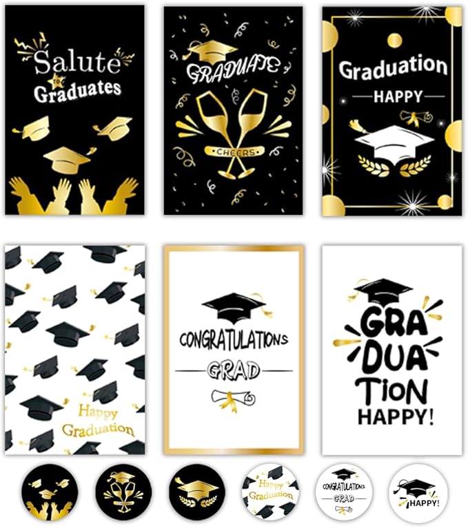 6 Pack Gold Foiled 5x7in 2025 Graduation Cards 2025 with Envelopes and Stickers,6 Elegant Designs Graduation Card Pack