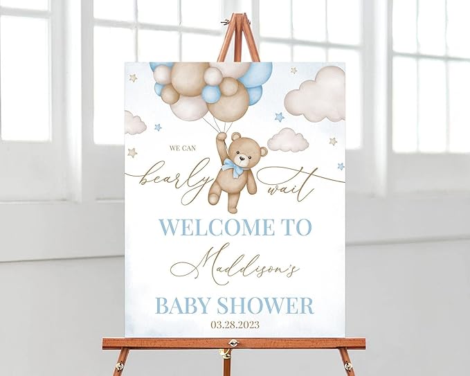 Personalized Brown Bear Balloon Baby Shower Welcome Sign - We Can Bearly Wait Poster, Blue Boy Boho Bear Decor