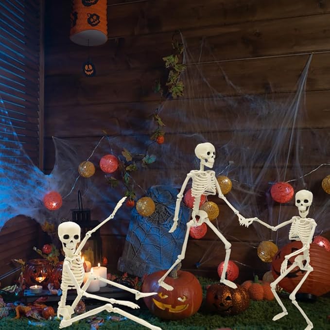 6 Packs Halloween Skeletons, 16 Inch Posable Skeletons Halloween Decorations with Movable Posable Joints, Full Body Mini Plastic Skeleton for Yard Garden Lawn Haunted House Graveyard Props Decor
