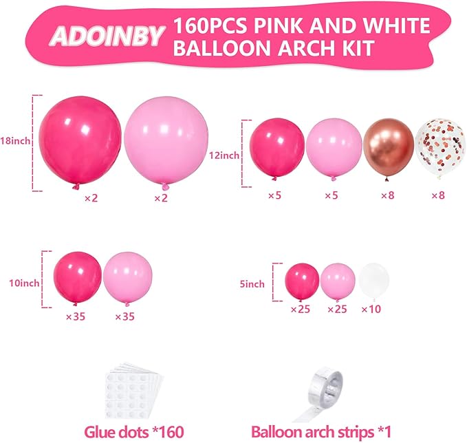 Pink Balloons Arch Kit, 160Pcs Hot Pink Balloon Garland Kit Metallic Rose Gold Confetti Balloons for Birthday, Princess Theme, Engagements, Galentine's Day, Valentine's Day Party Decoration