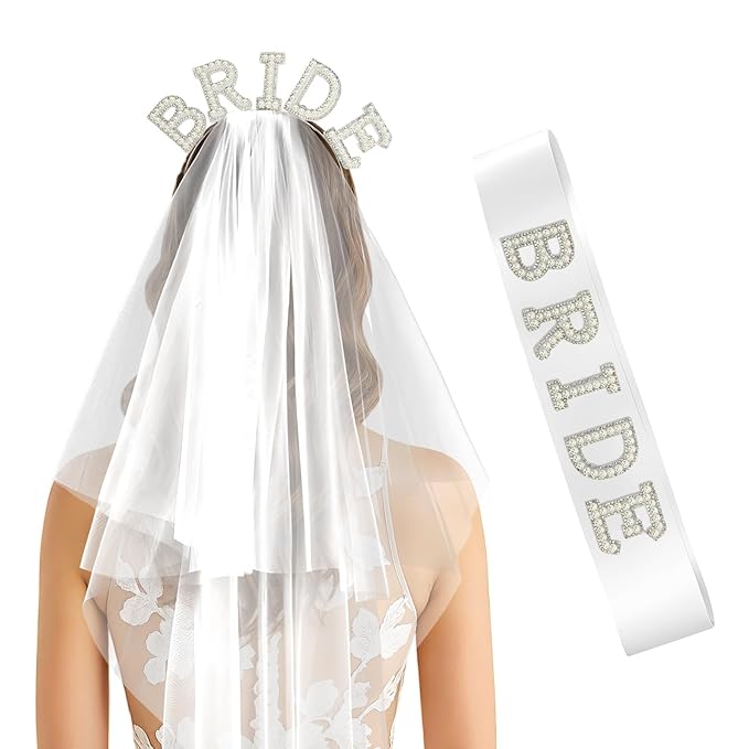 Pearl Bride Sash & Headband with Veil for Bachelorette Party, 2Pcs Pearl Veil and Sash Set for Women, Bach Party Favors Accessories for Wedding Bridal Showers Engagement Party Supplies