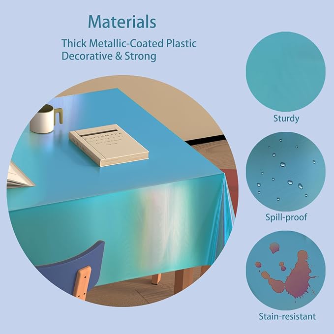 4 Pack Iridescent Plastic Tablecloths Disposable Table Cover Sparkly Foil Table Cloth for Rectangle Tables Party Decorations Birthday Princess Bridal Wedding Christmas Blue, 54 x 108 Inch
