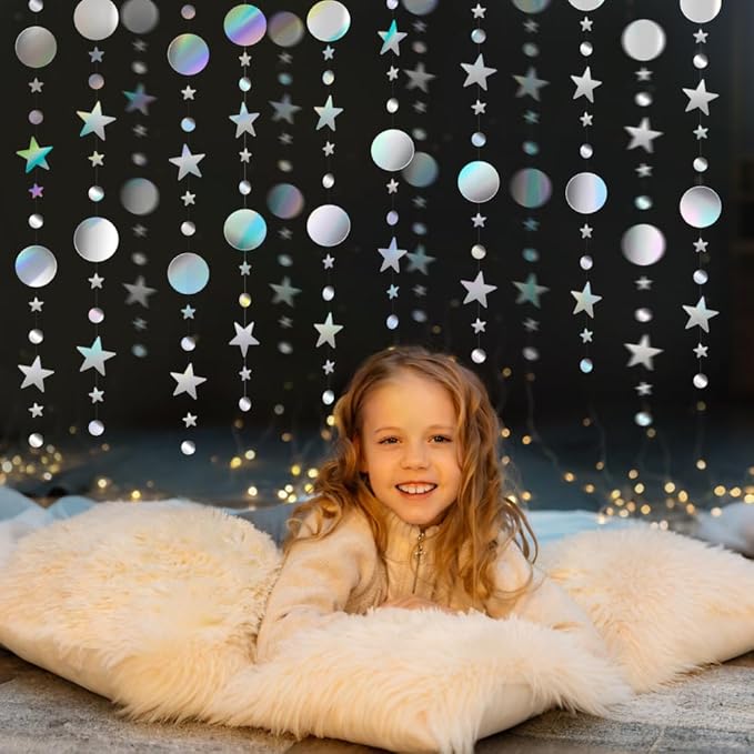 Glitter Star Garlands Decorations, 52 Feet Star Paper Garland Banner, Circle Dot Star Hanging Streamers for Valentine's Day Graduation Wedding Birthday Anniversary Ramadan Party Supplies Decorations