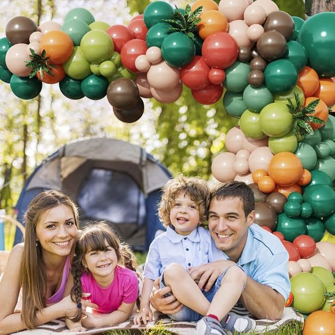 Camping Balloon Arch Kit, Dark Sage Green Orange and Brown Latex Balloons with Campfire Foil Balloon, 157Pcs for Camping Forest Jungle Safari Woodland Birthday Party Decorations