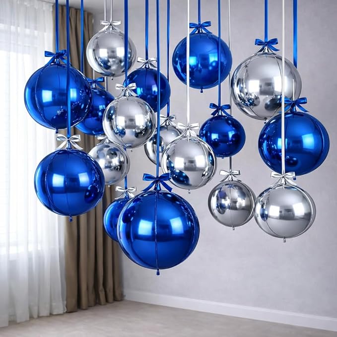 Togvu Blue Silver Round Foil Balloons, 16PCS Different Sizes 4D Metallic Balloon Large Sphere Mirror Ball Balloons for Prom Graduation New Year Birthday Party Wedding Ceiling Decorations Supplies