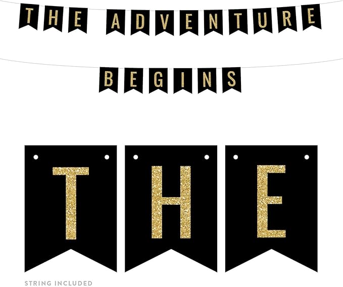 Andaz Press Faux Gold Glitter on Black Funny Retirement Party Banner Decorations, The Adventure Begins, Approx 5-Feet, 1-Set, Birthday Wedding Baby Shower Colored Hanging Pennant Decor