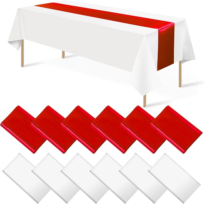 12Pack 12x108 Inch Satin Table Runner and 54x108 Inch Plastic Tablecloths Set Red and White Disposable Rectangle Table Cover for Graduation Wedding Bridal Shower Anniversary Birthday Party Decorations