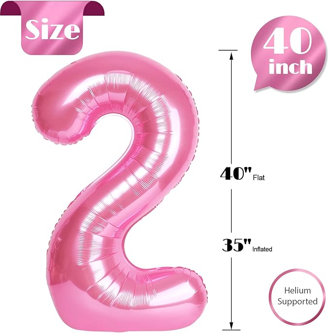 Pink Number 2 Balloon 40 Inch, 2 Balloon Number, 2nd Birthday Decorations for Baby Girls Boys Toddlers