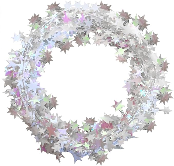 PMU 75 Ft Star Wire Shiny Garland White Iridescent - Halloween, Christmas Party, Wedding, Birthday, Festive Home Decoration Ornament White Iridescent (3pc-25Ft Each)