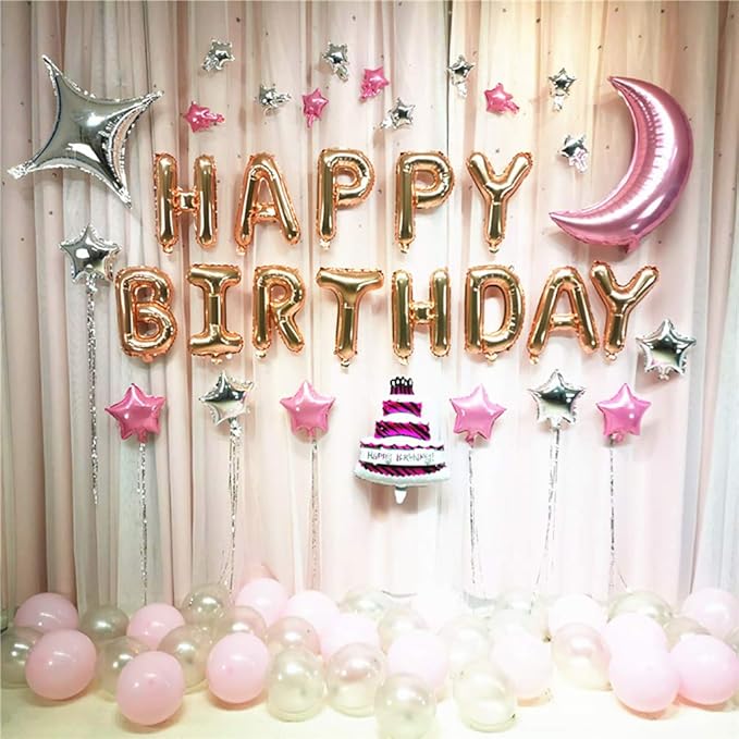 KALOR Rose Gold Happy Birthday Balloons Banner, 16 Inch Mylar Foil Letters Balloon Sign for Birthday Party Decorations Photo Booth Backdrop