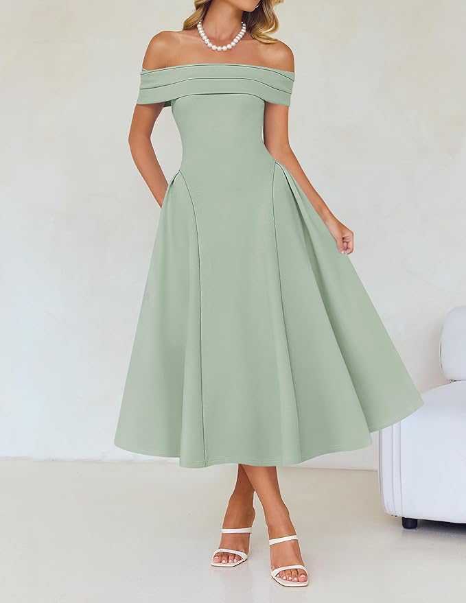ZESICA Summer 2026 Cocktail Dresses for Women's Off Shoulder Short Sleeve Swing A Line Wedding Evening Party Midi Dress