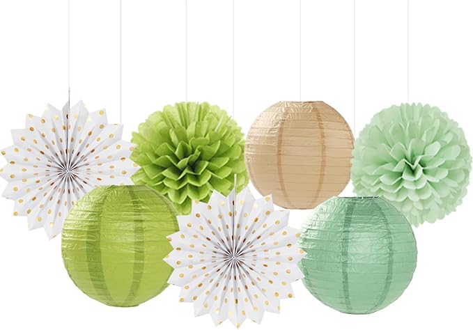 Olive-Sage Green-Boho Party-Decorations Streamers-Lanterns - 14pcs Baby Bridal Shower Wedding Paper Fan, Eucalyptus Wild Safari Jungle Birthday Tissue Pom Poms, Honeycomb Balls Decor Lasting Surprise
