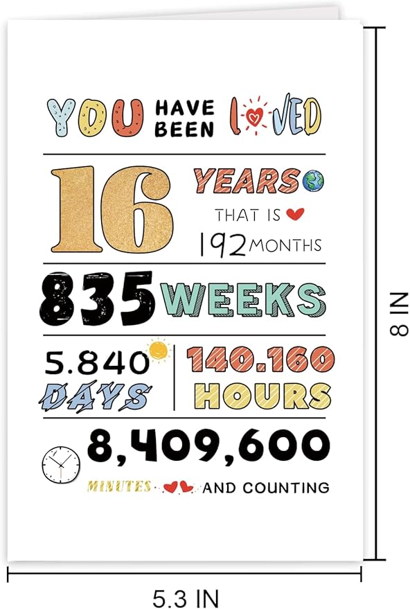 Sweet 16th Birthday Card for Girl Boy, Cute 16 Years Old Birthday Card for Son Daughter Friend, Ideal Birthday Card Gift for Sixteen, Happy 16th Birthday Card