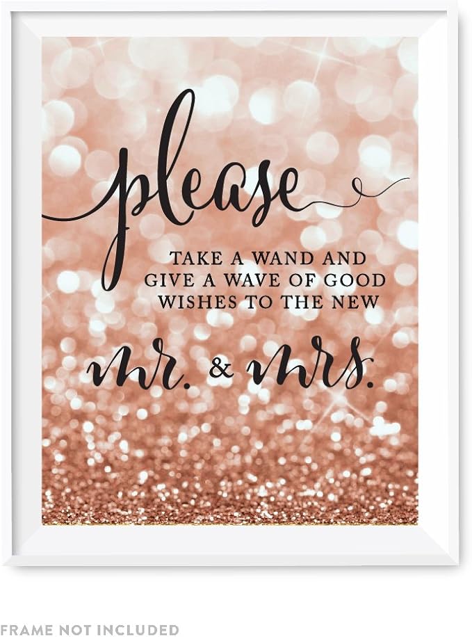 Andaz Press Wedding Party Signs, Glitzy Rose Gold Glitter, 8.5x11-inch, Please Take a Wand and Give a Wave of Good Wishes to the New Mr. & Mrs., 1-Pack, Bokeh Colored Party Supplies