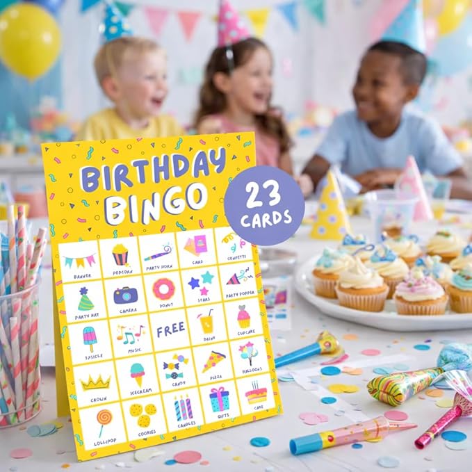 Markt Birthday Party Games for Kids, Birthday Bingo Game, Kids Party Games, Kid Bingo Game Decorations, Activities and Supplies for Girls or Boys (Yellow)