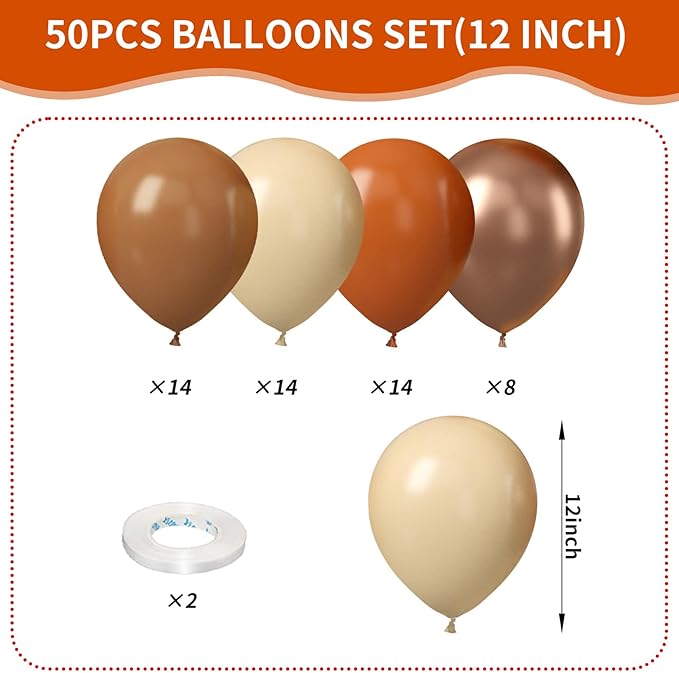 Burnt Orange Balloons, 50Pcs 12 Inches Nude Brown Metallic Champagne Fall Color Balloons for Autumn Fall Birthday Baby Shower Boho Wedding Bridal Shower Engagement Thanksgiving Party Decorations