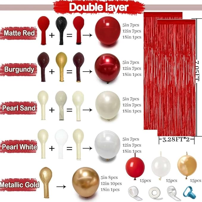 Red White Gold Balloon Arch Double Stuffed Burgundy Pearl White Sand Gold Balloon Garland Kit Red Linking Balloons Fringe Curtain for Bridal Shower Wedding Birthday Mother's Day Engagement Party Decor