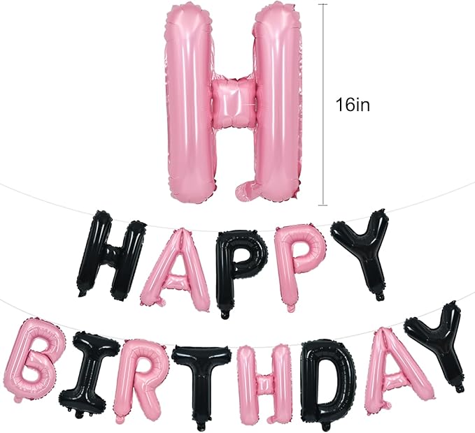 TONIFUL Happy Birthday Balloons Banner 16 Inch Mylar Foil Letters Birthday Sign Reusable for Girls Boys Kids & Adults Birthday Party Decorations Supplies（Black Pink）
