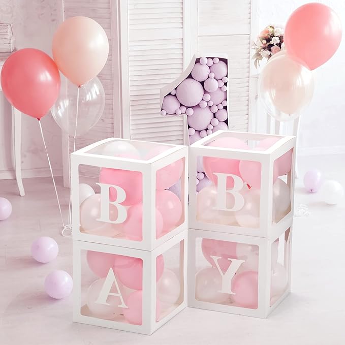Baby Boxes with Letters for Baby Shower, 4 Transparent Balloon Boxes with Letters for Gender Reveal Birthday Wedding Baby Shower Decorations( Pink and White Balloons)