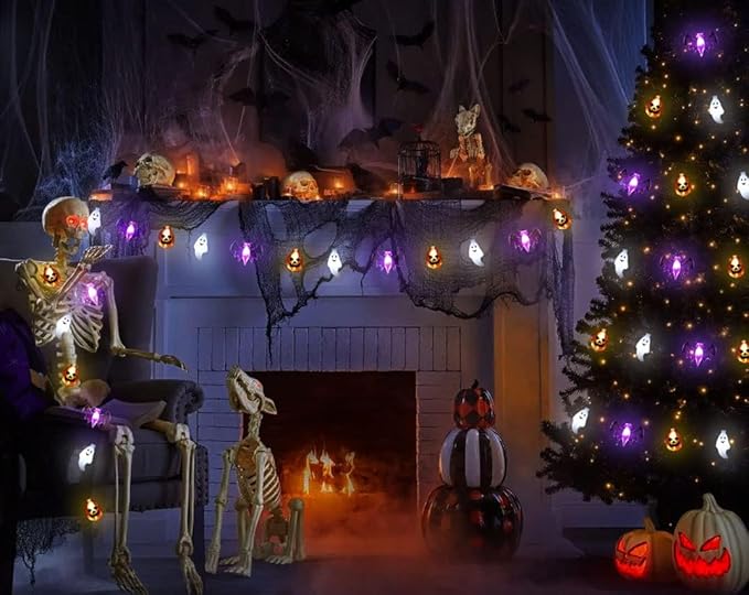 Halloween Lights Decor, 16 FT 30 LED 3D Pumpkin Bat Ghost Battery Operated String Lights with Timer - 8 Lighting Modes Fairy Lights for Home Door Porch Indoor Outdoor Party Decorations