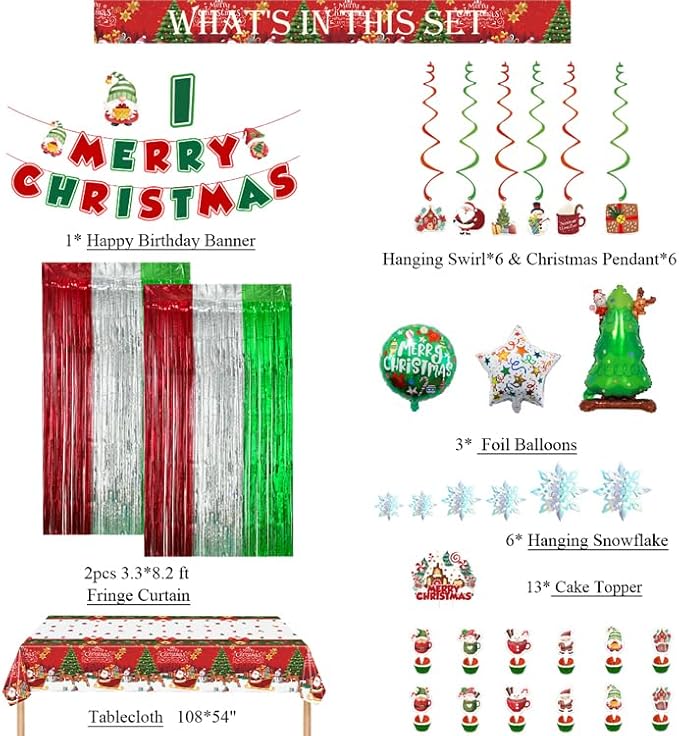 Christmas Party Decorations Set, Merry Christmas Banner, Multicolor Fringe Curtains, Xmas Tree Deer Tablecloth, Santa Cake Topper, Foil Balloons, Snowman Hanging Snowflakes Swirls