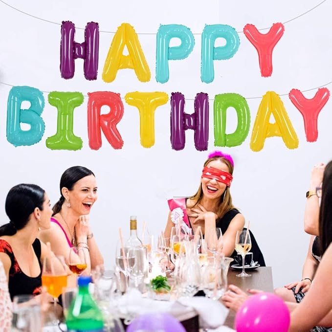 TONIFUL Coloful Macaron Rainbow Happy Birthday Balloons Banner with Ribbon Straw, 16 Inch Mylar Foil Letters Birthday Sign Bunting Reusable for Girls Boys Kids & Adults Birthday