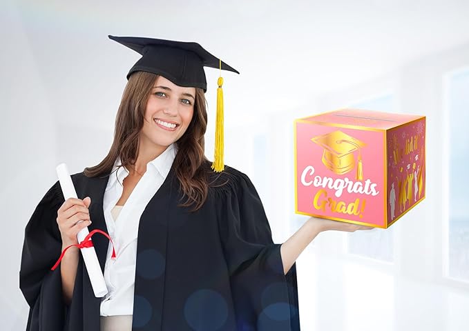 Graduation Card Box Holder, Congrats Grad Foldable Cardboard Decorations Box for Graduation Party Favors Decor Party Supplies (Pink Gold)