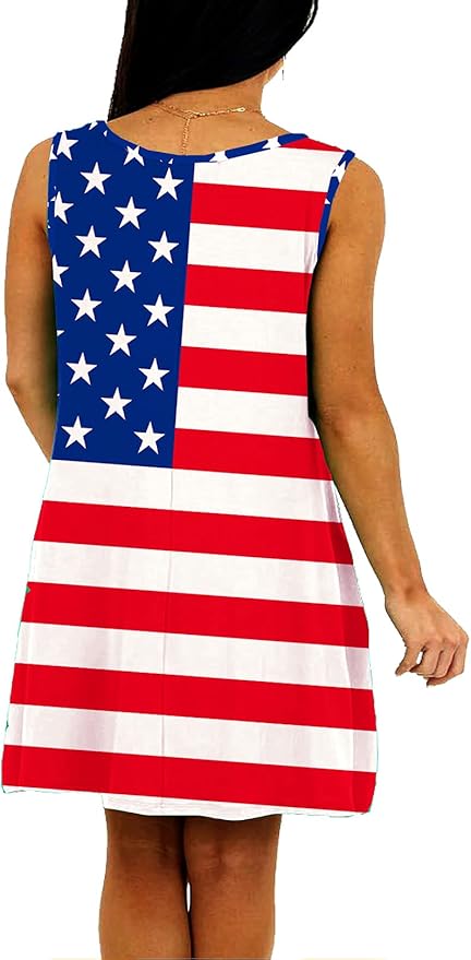 Deerose Women 4th of July Sleeeveless Dress Patriotic V Neck Tank Dresses with Pockets
