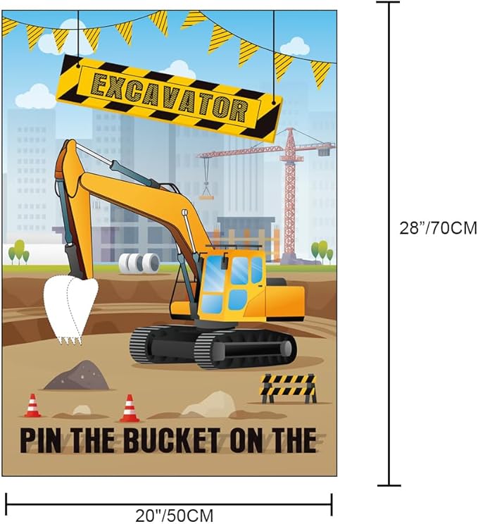 Pin The Bucket on The Excavator Party Games -Construction Themed Birthday Games for Kids Boys with 21'' x 28'' Truck Game Poster, Resuable Stickers Construction Party Supplies Party Favor Sets