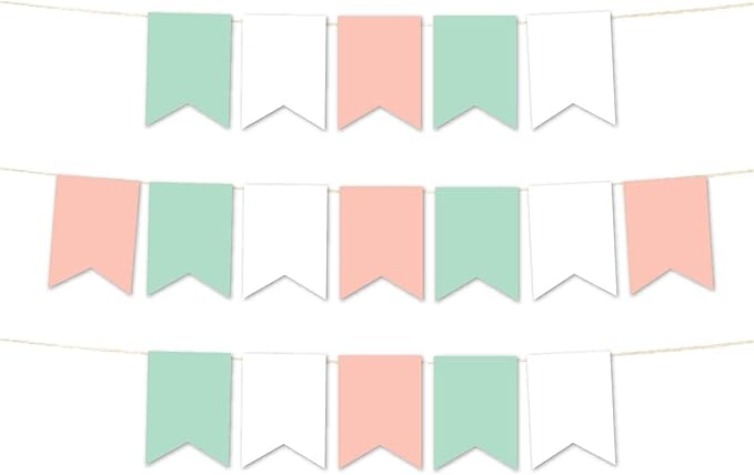 Andaz Press Hanging Pennant Banner with String, Mint Green, White, Peach, 1-Set, 24 Pennants, Approx. 12-Feet Long, Girl's 1st Birthday Baptism Communion Theme Colored Supplies