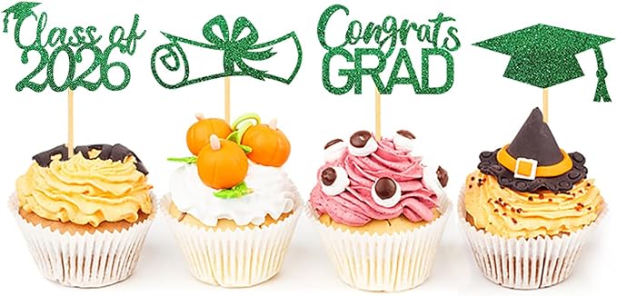 2026 Graduation Theme Cupcake Toppers Glitter Class of 2025 Graduation Cap Diploma Cupcake Picks - Set of 24 (Green2)