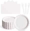 105PCS Paper Plates and Napkins Set,7 Inch Scalloped Disposable Tableware with Forks for Birthdays, Garden Parties & Outdoor Events,Serves 35 (White)