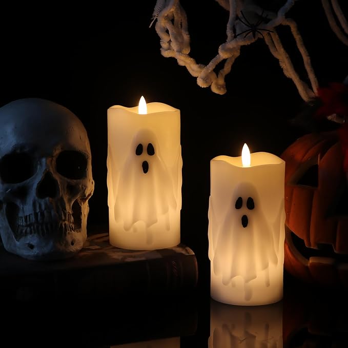 Halloween Ghost Flameless Pillar Candles with Remote Timer, Battery Operated LED Candles for Halloween Decorations Indoor Halloween Home Decor Gifts (2 Pack, 3” x 6.5”)