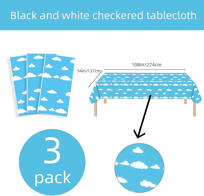 Blue Sky White Clouds Birthday Party Supplies Cartoon Story Tablecloth Party Table Cover Cartoon Table Banner for Baby Kids Shower Birthday Decorations, 54 x 108 Inch(3 Pieces)