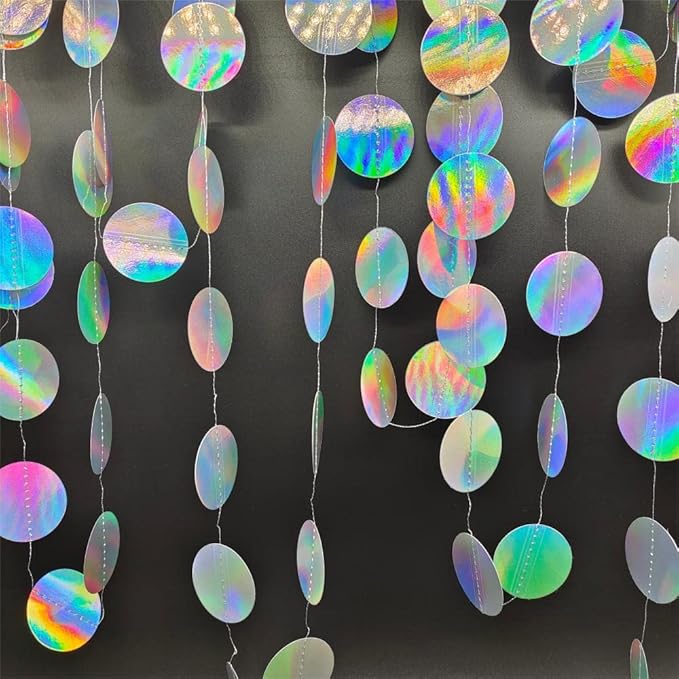 JEYE Iridescent Silver Glitter Circle Dots Paper Garland Polk Dot Streamer Party Decoration Banner Backdrop Hanging for Birthday Wedding Baby Shower Engagement Graduation Thanksgiving