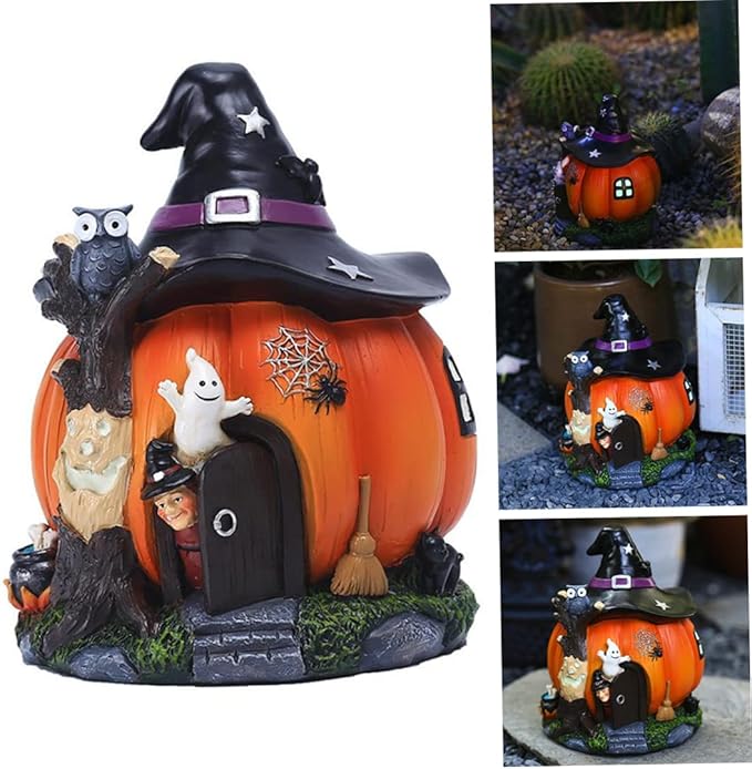 Halloween Statue Resin Luminous Witch Pumpkin Ornament Waterproof Halloween Pumpkin Decorations for Garden Outdoor Halloween Ornaments for Garden Haunted House Props Halloween Resin Ornaments Hallowee