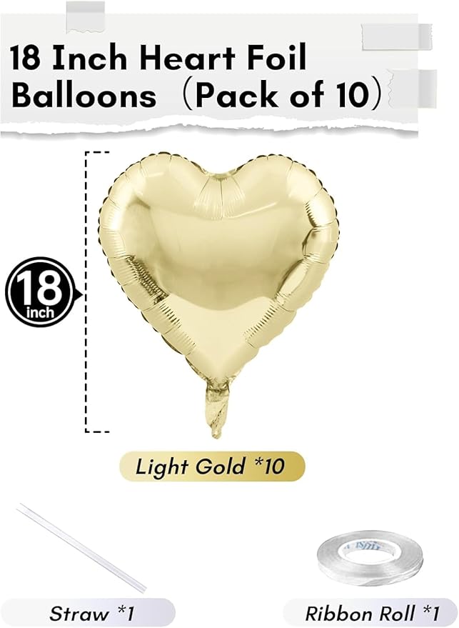 Pastel Gold Heart Balloons, 18 Inch 10 Pcs Light Yellow Foil Heart Balloons Pastel Yellow Heart Shape Foil Balloons Pastel Gold Party Balloons for Birthday Wedding Baby Party Valentines