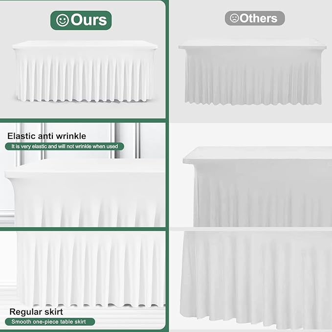 Table Skirts for Rectangle Tables 8ft - One-Piece White Tablecloths and Skirt, Wrinkle Resistant Ruffles Elastic Cover for Banquets, Weddings, Events, Parties