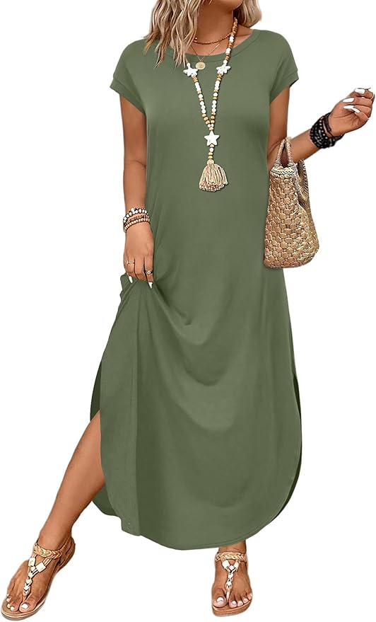 WIHOLL Summer Dresses Cap Sleeve Crewneck Maxi Long Casual Dress with Pockets Beach Vacation Sundresses 2026 Trendy