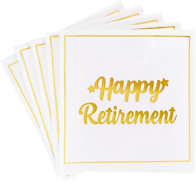 Vuzvuv 50 Pack Happy Retirement Cocktail Napkins - Disposable Paper Hand Napkins for Retirement Parties Farewell Gatherings Office Send-Off Party Decorations Table Decor (5" Folded 2 Ply - White)