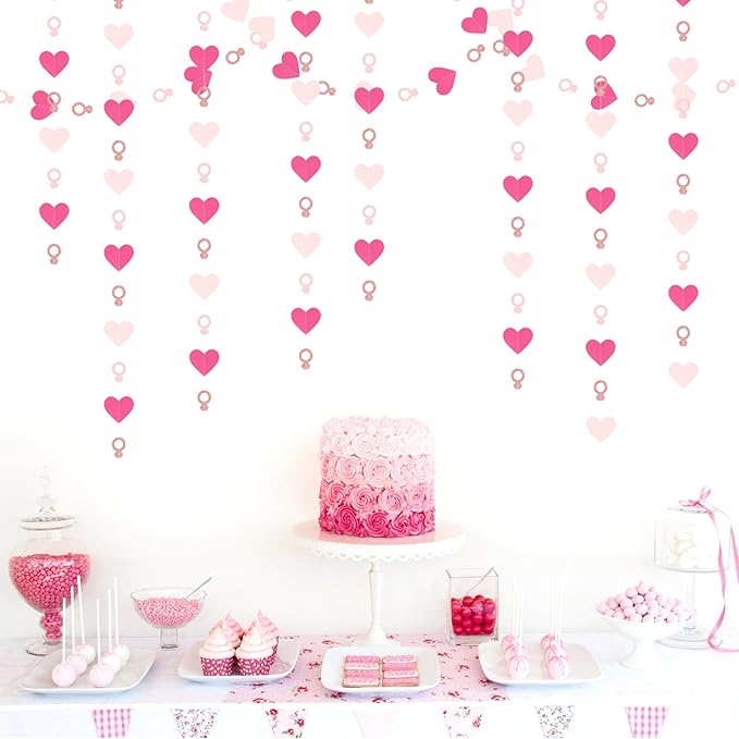 Hot-Pink Rose Gold Heart-Ring Garland - 52Ft Engagement Bachelorette Party Decorations Wedding Paper Streamers Banner, Valentines Day Galentines Proposal Decor Lasting Surprise