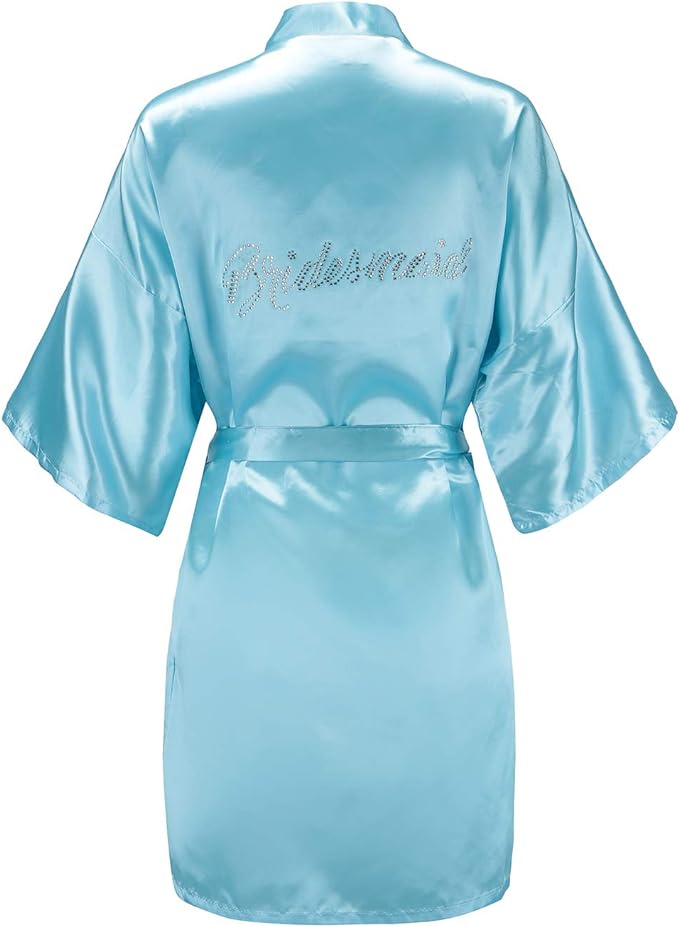 EPLAZA Women's One Size Silver Rhinestones Bride Bridesmaid Short Satin Robes for Wedding Party Getting Ready