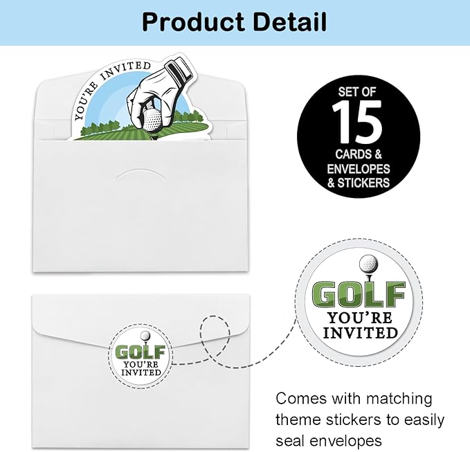 REWIDPARTY Golf Party Invitations with Envelopes & Stickers - Set of 15 Golf Game Shaped Fill-in Invitations for Birthday or Retirement Parties for Teens & Adults