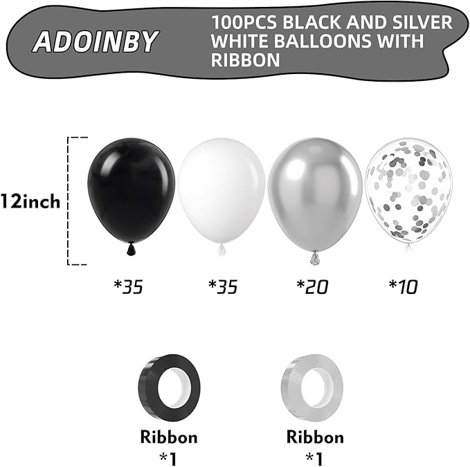 Black and Silver Balloons, 100Pcs 12inch Black White Metallic Chrome Silver Confetti Balloons with 1 Ribbon for Birthday, Baby Shower, Wedding, Graduation Theme Party Decoration